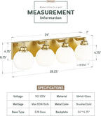 METWET Bathroom Light Fixtures, 4 Light Brushed Gold Vanity Light, 26 Inch Modern Wall Sconces with Globe Milk White Glass Shade, Vanity Lighting Fixtures Over Mirror, VL195-BG-ML-4