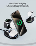 Nubeno Fast Charging Station for Magsafe Apple Devices, Wireless Charger Station for MagSafe iPhones, 3 in 1 Magnetic Charger Stand for iPhone 15/14/13/12, Apple Watch & AirPods(Blk)