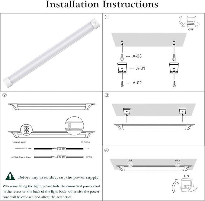 colmeguna 2 Packs 4FT LED Batten Light, Ultra-Thin Slim Ceiling Surface Mounted Light, 40W, 4000K, IP20, LED Ceiling Lamp for Garage, Shop, Hallway, Office, Market