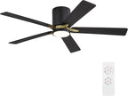 WINGBO 52" DC Flush Mount Ceiling Fan with Lights, 5 Plywood Blades, 6-Speed Reversible DC Motor, 3CCT, Low Profile Hugger Ceiling Fan for Living Room Bedroom Kitchen, Black and Brass