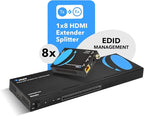 OREI 4K 1x8 HDMI Extender Splitter, Multiple Over Single Cable CAT6/7 4K@60Hz 4:4:4 HDCP 2.2 with IR Remote EDID Management - Up to 115 Ft - Loop Out - Low Latency - Full Support