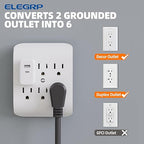 ELEGRP 6-Outlet Extender with Central Anchor, 3-Prong Grounded Wall Tab, Multiple Outlet Extender with 6 Electrical Outlets, ETL Listed, 3 Packs, White