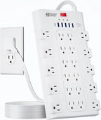 Flat Plug Power Strip 10Ft, SUPERDANNY Surge Protector with 22 AC Outlets and 6 USB (1 USB-C), 1875W/15A, 2100 Joules, Heavy Duty Extension Cord 10 ft for Home, Office, Dorm, Gaming Room, White