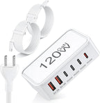 USB C Charger Block, 120W GaN 6-Port Charging Station, 5FT Cord Type C Charger Fast Charging for iPhone 17/16/15/14, iPad, Galaxy, Pixel,etc