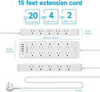 Solidock Power Strip Surge Protector Flat Plug with 20 AC Outlets 6 USB Chagring Ports, 1875W/15A, 2700J, 15 Ft Heavy Duty Extension Cord for Home, Office, Dorm, Gaming,ETL Listed (White, 15Feet)