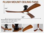 52 Inch Ceiling Fans with Lights and Remote Control, Flush Mount Low Profile Ceiling Fan, 6 Speeds DC Reversible Motor Timing Dimmable Ceiling Light,Outdoor Fan for Bedroom Patio Porch Garage