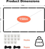 Projector Screen TOWOND 150 inch Projection Screen Indoor Outdoor Washable Anti-Crease 16:9 HD Rear Front Movies Screen for Home Theater Office