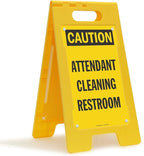 SmartSign 25 x 12 inch “Caution - Attendant Cleaning Restroom” Two-Sided Folding Floor Sign with Falling Symbol, Portable and Lightweight A-Frame, Easy Grip Handle, Plastic, Black and Yellow