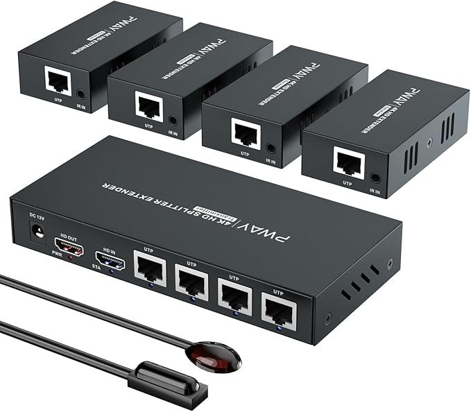 HDMI Extender Splitter 1x4 HD 4K @60Hz Over CAT5/CAT6/CAT7 Ethernet Cable–Up to 196ft-Loop Out-Equipped with IR POC and EDID