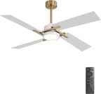 WINGBO 54 Inch Ceiling Fan with Light and Remote, 4 Plywood Blades, 6-Speed Reversible DC Motor, Dimmable, 3CCT, Farmhouse Ceiling Fan for Bedroom Living Room Kitchen, Brass and White