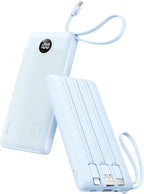 VRURC 10000mAh Power Bank Built-in Cables, Portable Charger with LED Display, Slim Travel Battery Pack with Cords, 5 Output Dual Input Phone Charger for Cell Phone Smart Devcies-Blue(1 Pack)