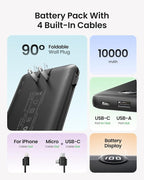 Coowisty Portable Charger with Wall Plug, Slim USB C Power Bank with Built-in Cables, 10000mah LED Display External Battery Pack Compatible with iPhone/Android & More (Black)
