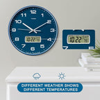 TIMESS Wall Clock, 13" Dial Non-Ticking Silent Battery Operated Analog with LCD Display for Perpetual Calendar and F° Temperature, Ideal Modern Home, Office Decor (Blue)