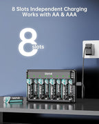Rechargeable AA Batteries with Charger, Dlyfull 8 Pack of 2800mAh High Capacity Low Self Discharge Ni-MH Double A Batteries with 8 Bay AA AAA Battery Charger (USB-C Fast Charging, Independent Slot)