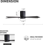 WINGBO 52" DC Flush Mount Ceiling Fan with Lights, 6-Speed Reversible DC Motor, 3CCT, Low Profile Hugger Ceiling Fan for Living Room Bedroom Kitchen, Black Finish and Black/Walnut Blades