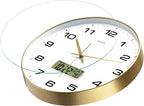 TIMESS Wall Clock, 14" Large Dial Non-Ticking Silent Battery Operated Analog with LCD Display for Perpetual Calendar and F° Temperature, Ideal Modern Home, Bedroom, Office Decor (Gold)