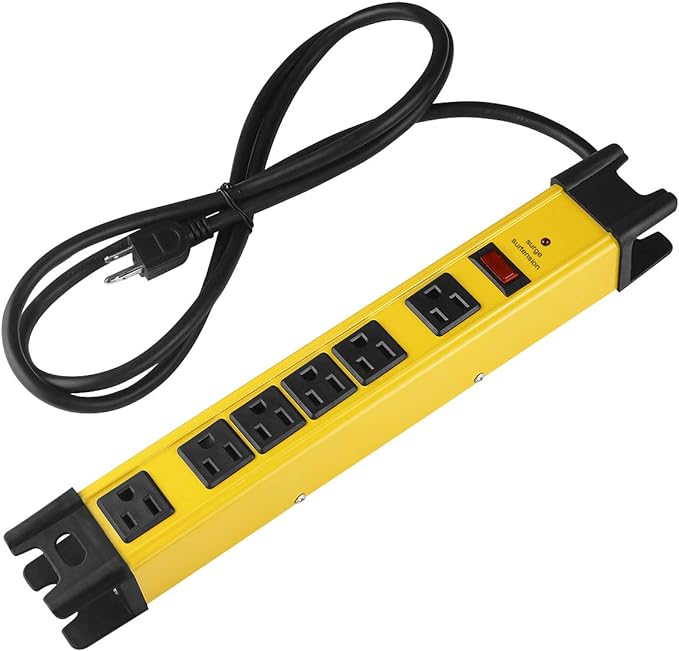 Heavy Duty Power Strip Surge Protector - 6 Outlet Industrial Strip with 15A, 25 FT Cord, 1200 Joules - ETL Listed Yellow Metal for Shop, Workshop, Garden