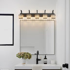 FDPBY 5-Light Crystal Vanity Light, Modern Black Bathroom Wall Sconce with K9 Crystal Shades, 42.51" Long Over Mirror Lighting for Vanity, Makeup, Hallway, Elegant & Easy Installation