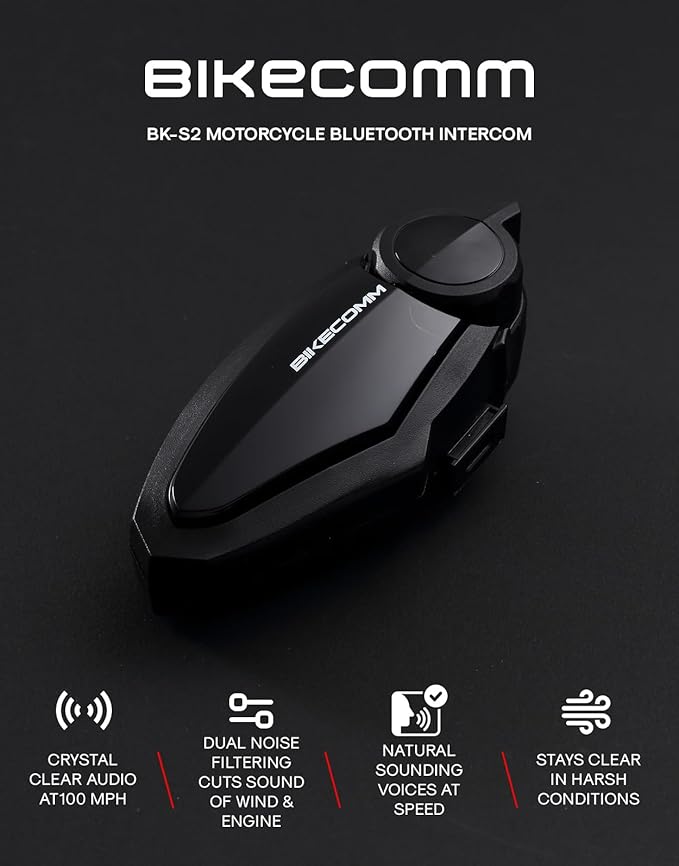 BIKECOMM BK-S2 Motorcycle Bluetooth Headset Intercom – 1200M Range Wireless Speakers - Helmet Communication System, IP67, Black, Twin Pack