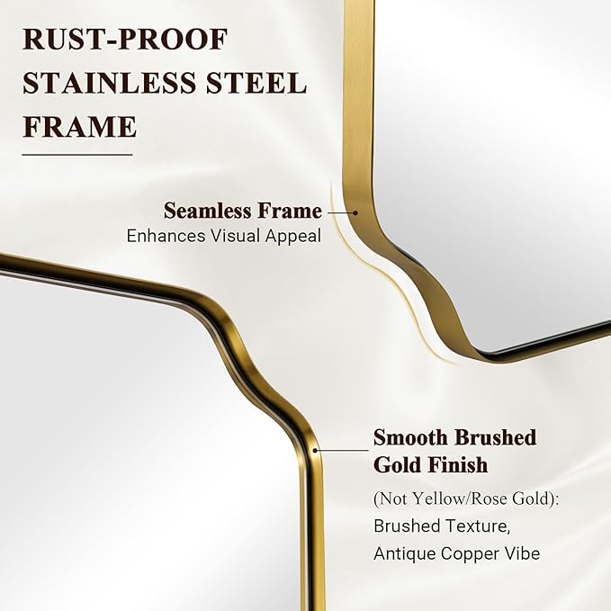 ANDY STAR Brushed Gold Mirror, 22"x30" Bathroom Vanity Mirror, Rounded Rectangle Bathroom Mirror with Rust-Proof Stainless Steel 1" Frame, Wall Mounts Horizontally or Vertically