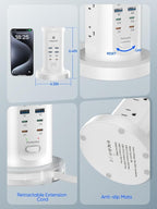 Kakyanill 115W USB Charging Station, Surge Protector Power Strip Tower, 9 AC Outlets with 8 USB Ports(4 USB-C), 6Ft Flat Plug Retractable Extension Cord, for Home Office Dorm, White