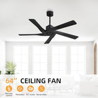 WINGBO 64" ABS DC Ceiling Fan No Light, 5 Blade ABS Plastic Ceiling Fan with Remote, 6-Speed Reversible DC Motor, Ceiling Fans without Light for Kitchen Bedroom Living Room, Matte Black