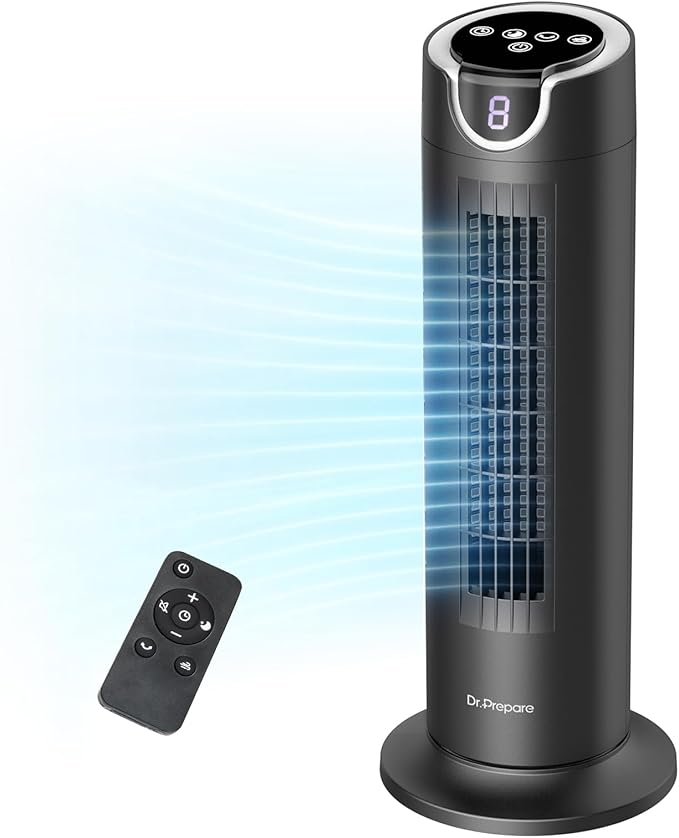DR.PREPARE Tower Fan for Bedroom, 25 dB Quiet DC Bladeless Fan with Remote, 8 Speeds, 1-8H Timer, 80° Oscillating Fans for Indoors, 16 Inch Portable Desk Table Fans for Room, Home, Office