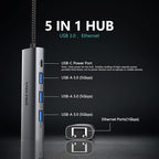 DIKEQINN 5-in-1 USB Hub with Gigabit Ethernet Ports and 3 USB 3.0 Ports, Suitable for USB-C/Type-C Interface laptops Such as MacBook Pro/Air, Dell XPS, Lenovo, Huawei, etc., Plug and Play(USB-A)