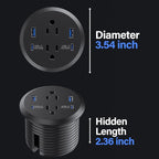 3 inch Desktop Power Grommet USB C,65W Fast Charging Station,Furniture Recessed Power Strip,2 Outlets,4 USB Ports,Flush-Mount for Desktop, Workspace Essential Desk Outlet,2 Pack (Black)