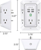 3-Sided Outlet Extender with Night Light - QINLIANF Multi Plug Outlet with 5 Outlets and 4 USB Ports(2 USB-C), USB Wall Charger for Home, Office, Travel, ETL Listed, White
