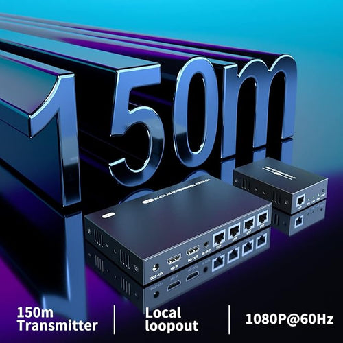 150m HDMI Splitter Extender 1x4 Transmit Remote 1080P Audio Video Over Cat5e/6 Ethernet Mirror 4 Screens Support Loopout Remote 1 in 4 Out for TV