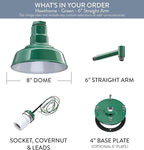 Steel Lighting Co. Hawthorne Barn Light | Outdoor Wall Mounted | 8 inch Dome | 6 inch Straight Arm| Small Farmhouse Light Made in America | Green Exterior/White Interior