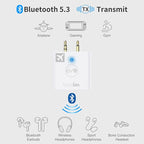 Bluetooth 5.3 Wireless Audio Transmitter, 3.5mm Jack, 32 Hours Battery Life, Dual Pairing, Low Latency, AptX Adaptive, Compatible with TVs, Speakers, Headphones