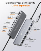 NOVOO USB C Docking Station, 12 in 1 Docking Station Dual Monitor with 2 HDMI, VGA, 5 USB Ports, 100W PD, USB-C Data, SD/TF Card Reader, Compatible with MacBook/Dell/HP/Surface