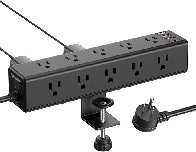 CCCEI Standing Desk Clamp Power Strip with 15 Outlets, Black Desktop Edge Mount Surge Protector Outlet, Fast Charging USB-A and 45W USB-C Ports, 10 FT Flat Plug, Black Fit 1.6 inch Table top.