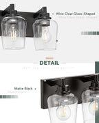 METWET Bathroom Light Fixtures, 3-Light Modern Vanity Light with Clear Glass Wine Glass-Shaped Shade, Vanity Lighting Fixtures Over Mirror, Matte Black, VL155-MB-3