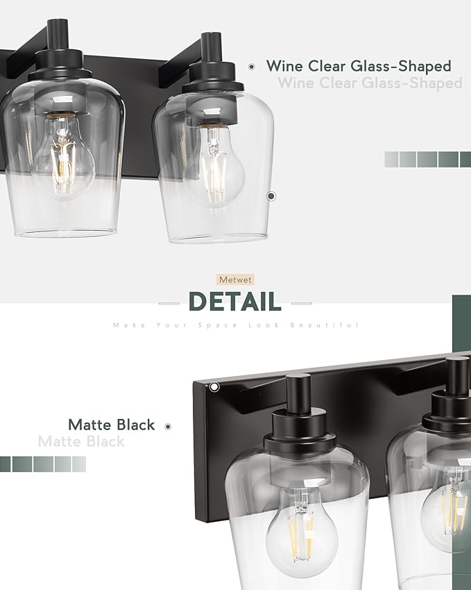 METWET Bathroom Light Fixtures, 3-Light Modern Vanity Light with Clear Glass Wine Glass-Shaped Shade, Vanity Lighting Fixtures Over Mirror, Matte Black, VL155-MB-3