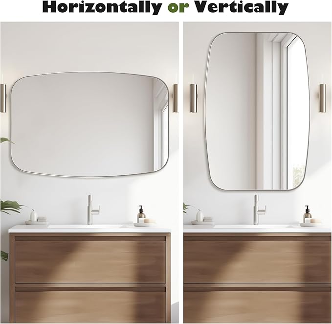 Brushed Nickel Bathroom Mirror, 24"×36" Oval Vanity Mirror with Stainless Steel Metal Frame, Silver Oblong Wall Mount Mirror for Bedroom, Living Room