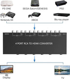 4 AV to HDMI RCA to HDMI Converter 1080P/720P 4 Way RCA Composite CVBS AV Switch to HDMI Converter Adapter Support 4:3/16:9 Switching For Sega Xbox PS1 PS2 PS3 N64 NGC SNES WII VHS VCR Camera DVD