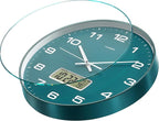 TIMESS Wall Clock, 13" Dial Non-Ticking Silent Battery Operated Analog with LCD Display for Perpetual Calendar and F° Temperature, Ideal Modern Home, Office Decor (Green)