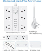 AOFO 10FT Surge Protector Power Strip,12 AC Outlets with 6 USB Ports (2 USB-C), Flat Plug Extension Cord with Multiple Outlets, Wall Mount for Home Office,Dorm,White