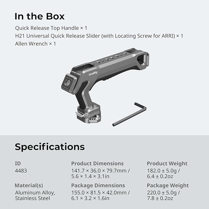 SmallRig Quick Release Top Handle with Quick Release Slider, Two-Way Smooth Installation, Ergonomic Design, 15kg Max. Load, Built-in Multiple Mounting Points, HawkLock H21-4483