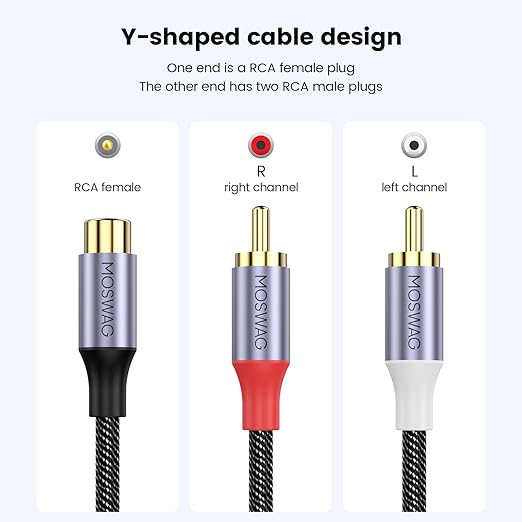MOSWAG RCA Splitter, 1 Female to 2 Male, RCA Y Splitter Audio Video Cable Splitter Adapter for Amplifiers, Gaming Consoles, CD Player, Subwoofer, Home Theater, HDTV