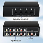 RCA Switch 4 in 1 Out Composite Video L/R Audio Selector Box 4X1, BolAAzuL 4-Way RCA Switcher - 4 Port AV Selector Switch - Plug & Play for Wii PS2 Xbox DVD STB HDTV