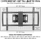 HumanCentric Heavy Duty Full Motion TV Wall Mount for 75-100" TVs, 176lb Capacity, 15° Tilt, 45° Swivel, 24" Extension, Max VESA 900x600mm, Flat or Curved, for Wood or Concrete, Hardware Included