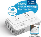 Ceptics Travel Voltage Converter -200W Convert 220V to 110V for Curling Iron, Straightener, Charger Step Down World Power Plug - 4 USB PD 18W Fast Charging - SWadApt - Type A, B, C, E/F, G, I Include