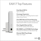 NETGEAR WiFi 6 Range Extender (EAX17) - AX3000 Dual-Band Wireless Signal Booster & Repeater (up to 3.0 Gbps Speed) - Add up to 1,500 sq. ft., 20 Devices - WPA3 Security, One WiFi Name