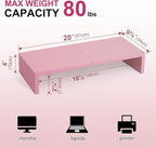 TEAMIX 2 Pack Pink Monitor Riser-20L inch, Cute Monitor Stand for Desk, Wood Sturdy TV/Screen/PC/Printer/Laptop Riser, Computer Shelf with Storage Desktop Organizer for Home Office