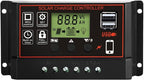 Solar Charge Controller, Solar Panel Charge Controller Intelligent Regulator with Dual USB Port 12V/24V, Auto Paremeter Adjustable LCD Display PWM（Black, 30A）