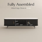 POVISON Fully-Assembled Mid Century Modern Black TV Stand with White Glossy Sintered Stone Tabletop & LED Lights, Rolling Door Media Console, Wood TV Console for Living Room